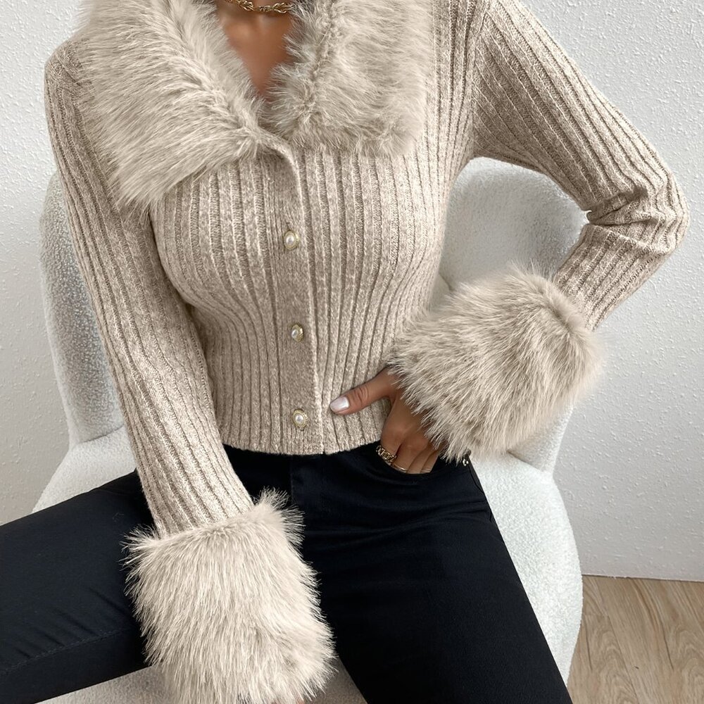 Apricot Elegant Women's Fuzzy Collar Ribbed Knit Cardigan - Picture 7 of 8